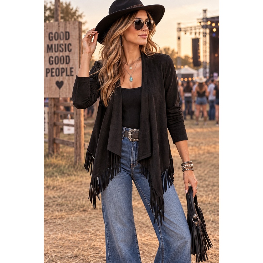 Gianni Bini Black Faux Suede Fringe Jacket XS Waterfall Boho Western